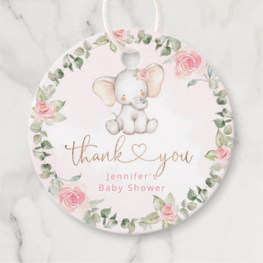 Meisjeseucalyptusroze olifant baby shower bedankjes labels (Voorkant)