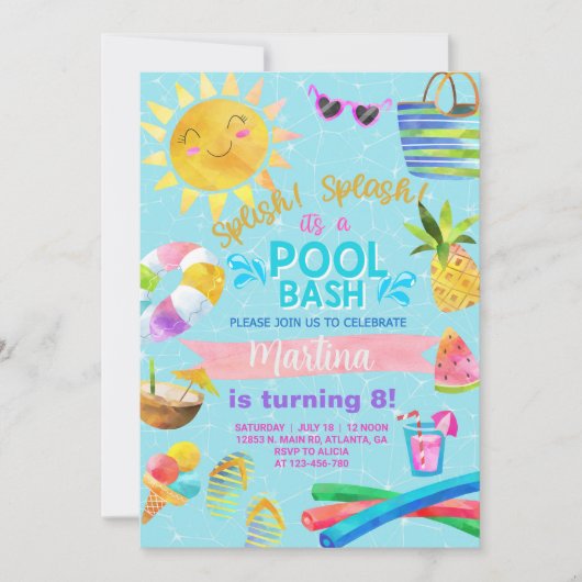 Meisjesfeest, zwembad met zomeruitnodiging.. invi kaart (Voorkant)