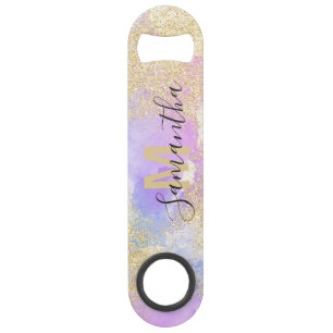 Meisjesgoudglitter paarse waterverf monogram speed flessenopener