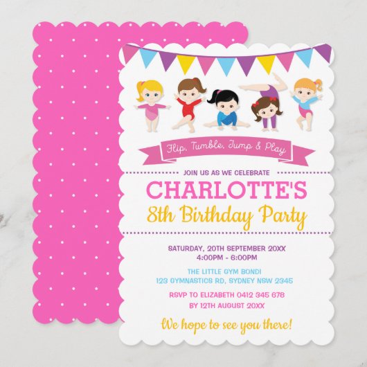 Meisjesgymnastiek Birthday Pink Gym Party Kaart (Voorkant / Achterkant)