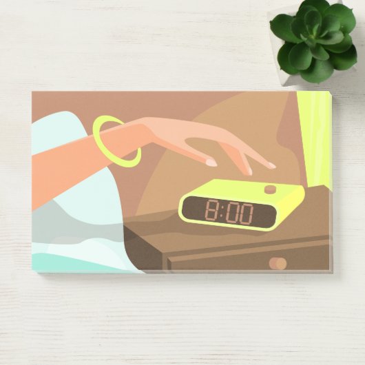 Meisjeshand die de alarmklok aandrukt post-it® notes (Kantoor)