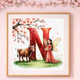 Meisjeskamer Letter N Feeërieke Bloemen Poster