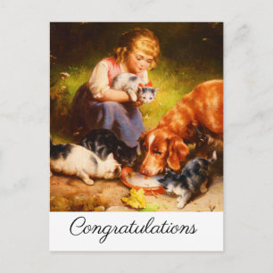 Meisjeskatjes en retrieverhond drinken melk briefkaart