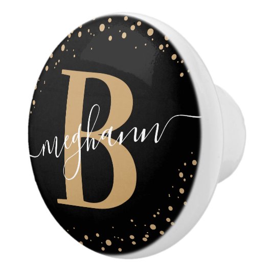 Meisjeslegant Black Gold Name Monogram Script Keramische Knop (Rechts)