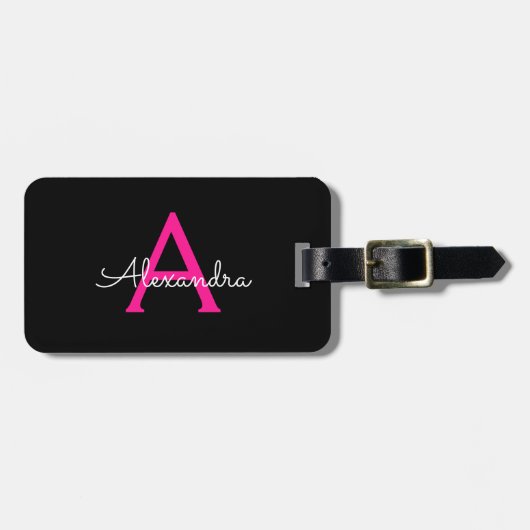 Meisjesmonogram naam van hot-roze zwart script bagagelabel (Voorkant horizontaal)