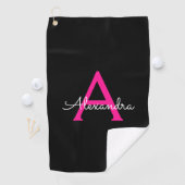 Meisjesmonogram naam van hot-roze zwart script golfhanddoek (Insitu)