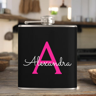 Meisjesmonogram naam van hot-roze zwart script heupfles