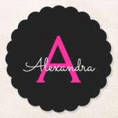 Meisjesmonogram naam van hot-roze zwart script kartonnen onderzetters (Voorkant)