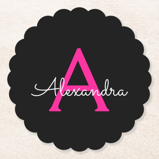 Meisjesmonogram naam van hot-roze zwart script kartonnen onderzetters (Voorkant)
