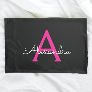 Meisjesmonogram naam van hot-roze zwart script kussensloop