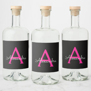 Meisjesmonogram naam van hot-roze zwart script likeurfles etiket