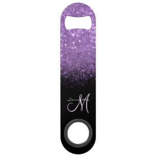 Meisjesmonogram Paarse glitter en zwarte balksleut Speed Flessenopener