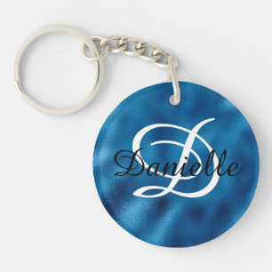 Meisjesnaam en Monogram Nep Blauwe Folie Foto Sleutelhanger
