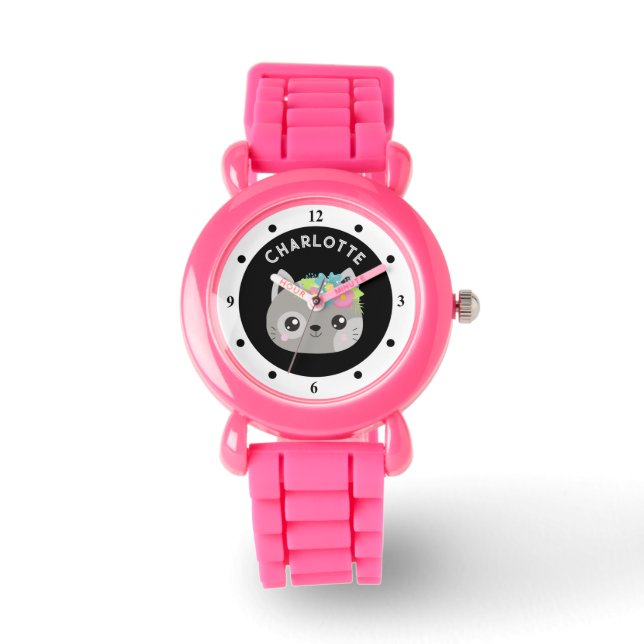 Meisjesnaam Horloge Knuffel Katje Aangepaste Kleur (Voorkant)