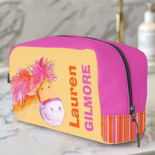 Meisjesnaam schattige pony waterverf oranje roze toilettasje