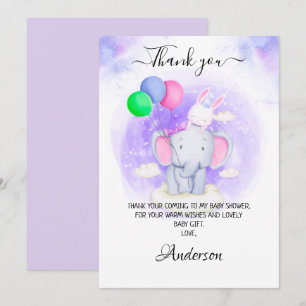 Meisjesolifant, konijn met Baby shower van ballonn Bedankkaart