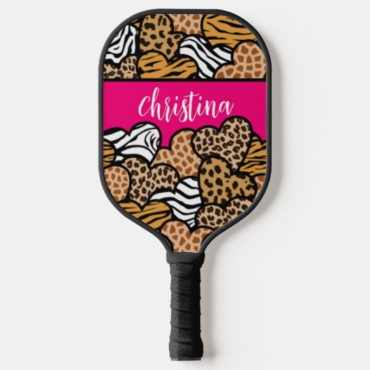 Meisjesroze Speelse Dierenprint Harten Naam Pickleball Paddle (Voorkant)