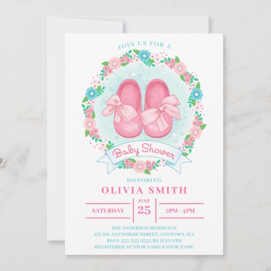 Meisjesschoenen Baby Shower Met Strik En Bloemen Kaart (Voorkant)