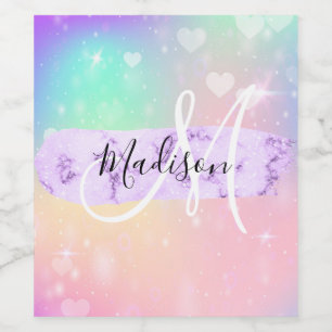 Meiskleurige Unicorn Rainbow Hearts Monogram Wijn Etiket