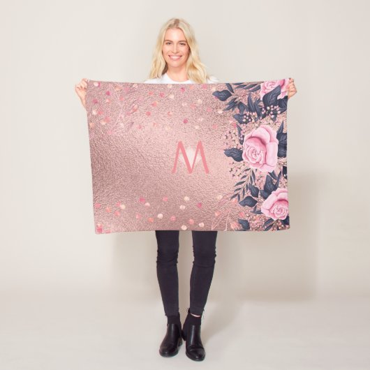 Meislust Ever ROSEGOLD Blue Pink Floral MONOGRAM Fleece Deken (In situ)