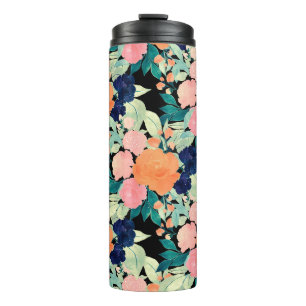 Meisroze blauw en Oranje Floral verf zwart design Thermosbeker