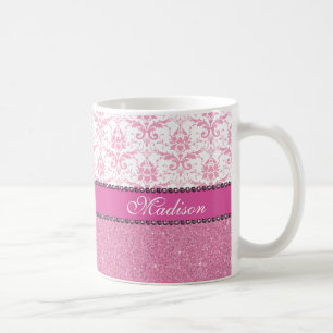 Meisroze en witte Damask, roze glitter Name Koffiemok