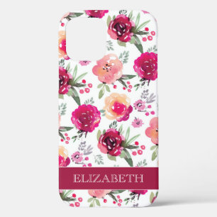 Meisroze Floral Pattern Persoonlijke naam iPhone 12 Hoesje
