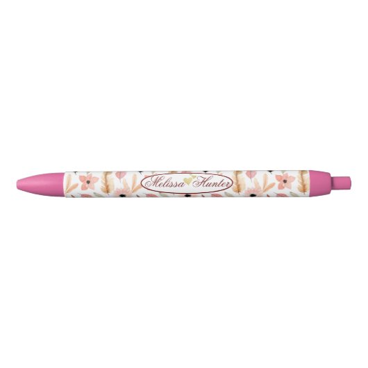 Meisroze Floral Waterverf Pattern Name Script Zwarte Inkt Pen (Voorkant)