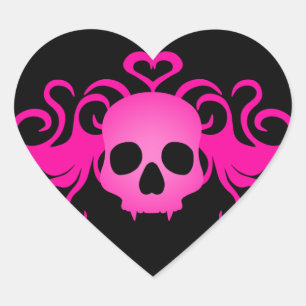 Meisroze gothic bladerde vampierschedel op zwart hart sticker