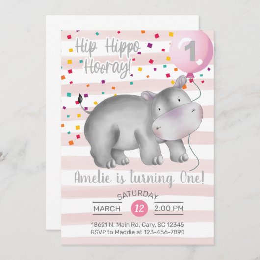 Meisroze hippo verjaardagsuitnodiging, uitnodiging (Voorkant / Achterkant)