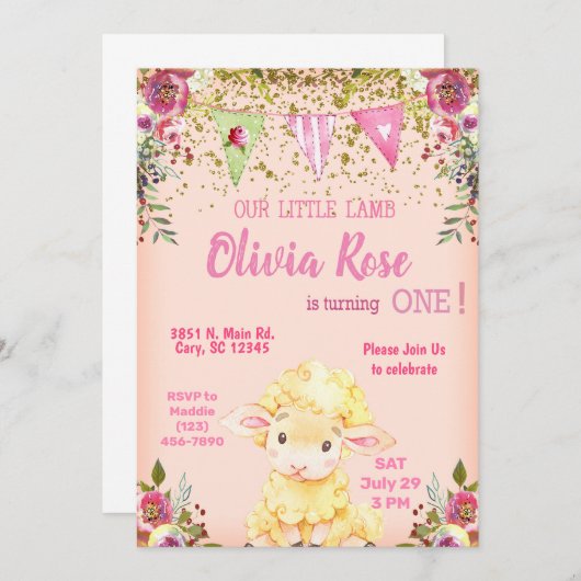 Meisroze lamsvlees 1e verjaardag uitnodiging. kaart (Voorkant / Achterkant)