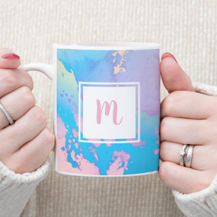 Meisroze paarse blauwe moderne monogram waterverf koffiemok