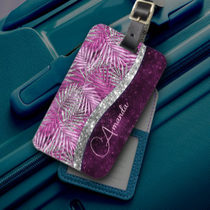 Meisroze paarse zilverglitter vertrekt monogram bagagelabel