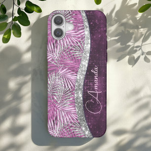 Meisroze paarse zilverglitter vertrekt monogram iPhone 16 hoesje