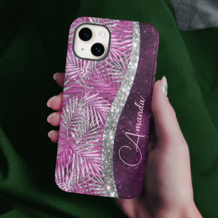 Meisroze paarse zilverglitter vertrekt monogram Case-Mate iPhone 14 hoesje