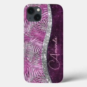 Meisroze paarse zilverglitter vertrekt monogram iPhone 13 hoesje