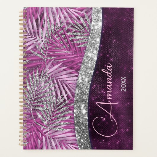 Meisroze paarse zilverglitter vertrekt monogram planner (Voorkant)