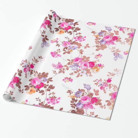 Meisroze roze roze roze goudkleurige bloem cadeaupapier (Uitgerold)