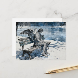 Melancholieke engel in besneeuwd park schaatst op briefkaart