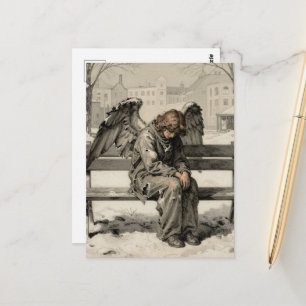 Melancholieke engel in een besneeuwd stadspark briefkaart