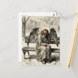 Melancholieke engel in een besneeuwd stadspark ged briefkaart