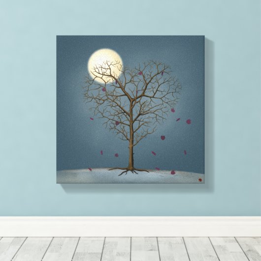 Melancholy Heart Shaped Tree under the Full Moon Canvas Afdruk (Insitu (Houten vloer))