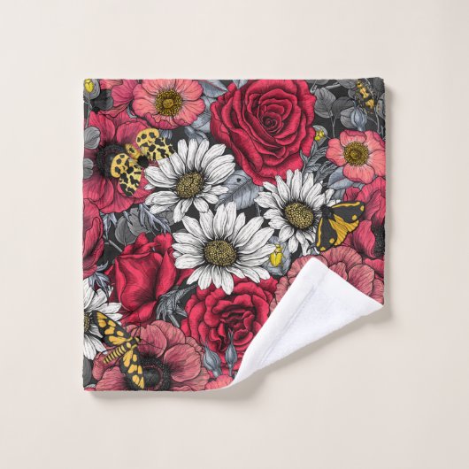 Mélange de fleurs en rouge et gris (Gant de toilette)