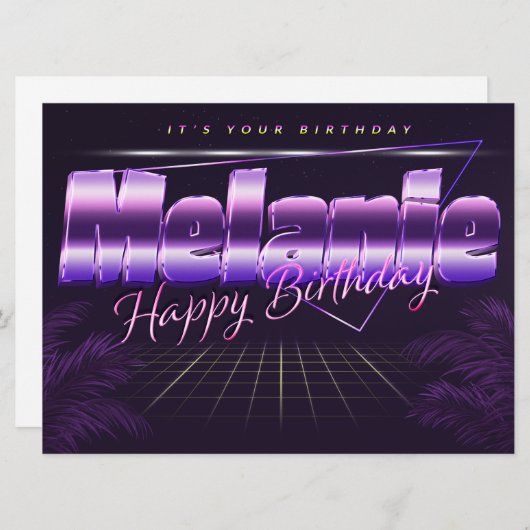 Melanie prénom carte rétro lilas pour anniversaire (Devant / Derrière)