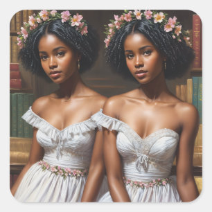 Melanin Twin Sisters in Bibliotheek Gemini Art Vierkante Sticker