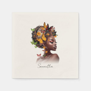 Melanine Magic: Afro Haar en Kleurrijke Vlinder Servet