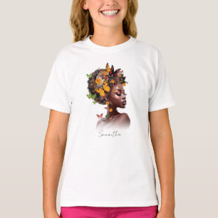 Melanine Magic: Afro Haar en Kleurrijke Vlinder T-shirt