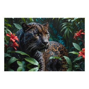 Melanistische Jaguar in Oerwoud Rode Bloemen Foto Afdruk