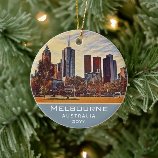 Melbourne Australia Skyline Waterverf Art Keramisch Ornament (Boom)