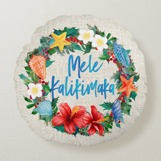 Mele Kalikimaka Hawaiian Kerstmis Wreath Rond Kussen (Voorkant)
